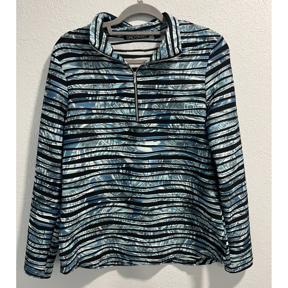 Sno Skins Womens Top Blue Black Textured 1/4 Zip Long Sleeve Size L